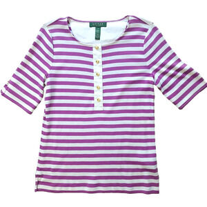 Lauren Petite Medium Cotton Pullover Buttoned Collar Purple-White Stripes